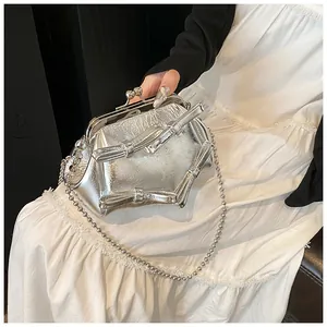 Dettaglio borsa metallizzata argento a pieghe con fiocchi e chiusura vintage