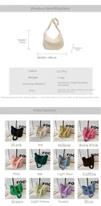 Tableau détaillé montrant les dimensions et les 12 couleurs du sac en tissu plissé