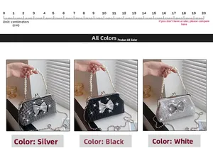 Detailed comparison of crystal evening bags with pearl handles and bow in silver, black, white