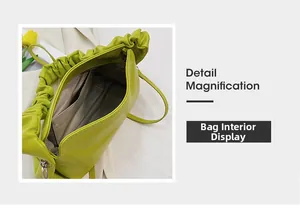 Dettaglio interno della borsa verde lime arricciata con fodera e tasca interna