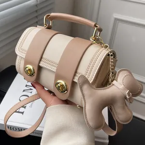 Borsa a Tracolla a Cilindro in Pelle PU Donna Moda Doppio Girello Ciondolo a Cane Elegante Borsa a Mano a Contrasto