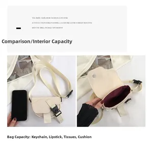 Dettaglio della mini borsa beige con fibbia magnetica e fodera rossa per riporre il cellulare