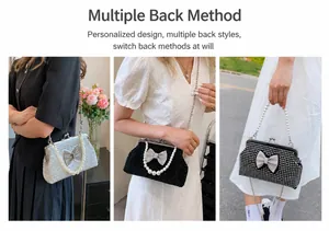 Detailed views of luxury pearl handbag showing crossbody, shoulder, and handheld styles