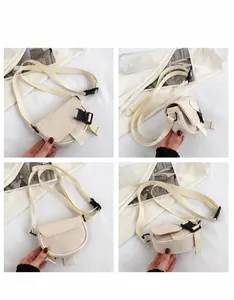 Dettagli della mini borsa a tracolla in nylon beige con patta e fibbia nera decorativa