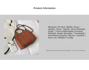 Detailed size specifications for the brown PU leather tote with adjustable strap