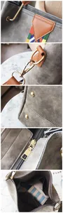Detailed views of grey matte bucket bag with gold hardware and woven shoulder strap
