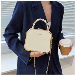 Chic cream white acrylic box bag with gold metal frame and twisted top handle details