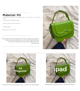 Dettaglio della borsa a tracolla in pelle PU verde erba con specifiche di taglia e dimensioni