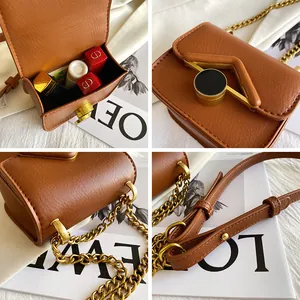 Mini borsa a tracolla vintage marrone per bambine con catena dorata e fibbia in metallo a V