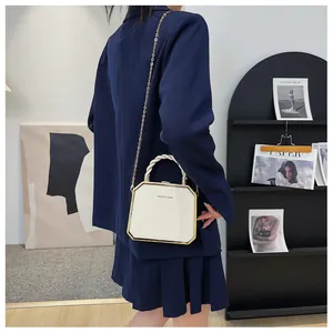 Chic octagonal white bag with gold frame and chain strap shown in a fashion setting