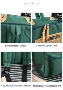 Dettagli zaino verde: manico robusto, zip fluida, spallacci regolabili, base rinforzata