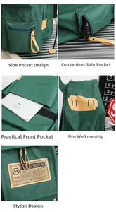 Dettaglio dello zaino in tela verde scuro con tiranti in pelle e design multitasche