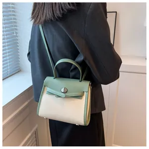 Dettaglio borsa stile Kelly bicolore con trama a grana di litchi e fibbia in metallo lucido