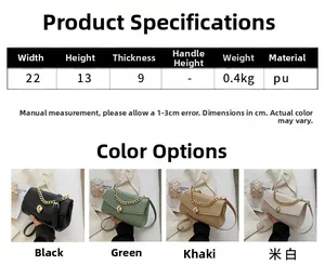Detailed size chart for retro PU crossbody bag showing 22x13x9cm dimensions and four colors