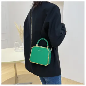 Detail of green acrylic box bag with gold metal frame and woven leather handle