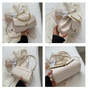 Detail view showing four angles of a beige handbag with a gold wave-shaped metal buckle
