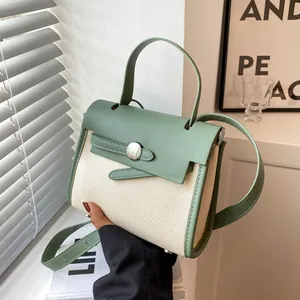 Borsa da Donna alla Moda in Pelle PU Colore a Contrasto Con Motivo Litchi Fibbia in Metallo Manico Superiore Borsa a Tracolla