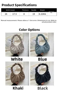 Detailed size specifications for pleated PU leather shoulder bag in multiple colors