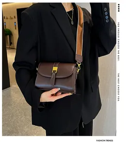 Detail of dark brown leather crossbody bag with vintage gold buckle and woven strap