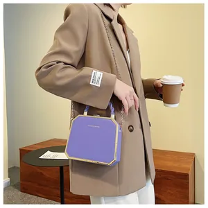 Detail view of purple hexagonal acrylic clutch bag with gold metal trim and chain