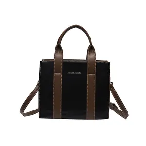 Large capacity black and brown patchwork faux leather tote bag with shoulder strap