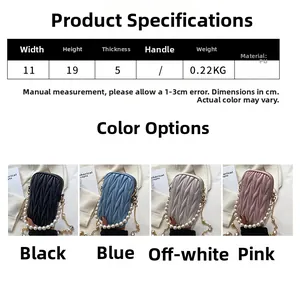 Size guide for mini pleated crossbody bag with chain strap and color options