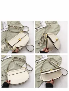 Dettagli di una borsa a sella crema con bordi scuri vista da quattro angolazioni