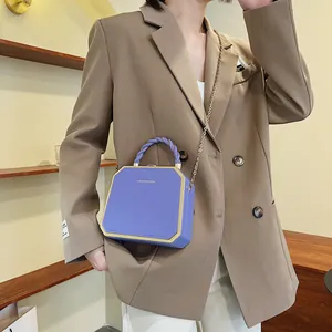 Chic purple geometric acrylic box bag with gold metal chain strap and top handle