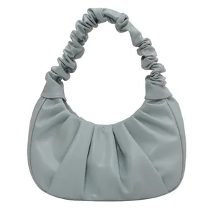 Minimalist light blue pleated cloud hobo bag with trendy ruched handle for women