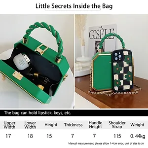 Green vintage acrylic box bag with gold metal frame and stylish woven handle for women