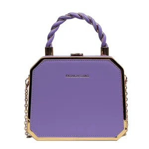 Elegant purple octagonal acrylic box bag with gold metal frame and chain strap