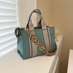 Sac Fourre-tout Femme en Toile et Cuir PU Grande Capacité Avec Large Bandoulière Bohème Sac à Épaule Quotidien de Bureau