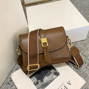 Women Vintage PU Leather Crossbody Bag Small Square Shoulder Bag With Golden Buckle Wide Fabric Strap Daily Fashion Messenger Bag