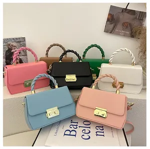 Women Candy Color PU Leather Handbag With Braided Handle Metal Lock Fashion Square Shoulder Crossbody Bag Daily Messenger Bag