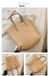 Multiple views showing the khaki woven tote bag with durable leather rivet handles