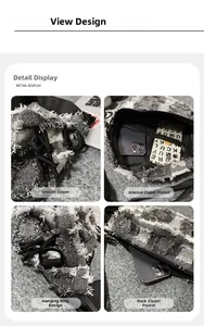 Detailansicht der grauen Canvas-Brusttasche mit Netztasche und Reißverschluss