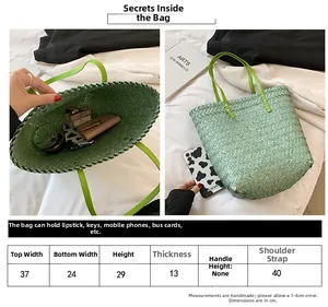 Size chart and interior view of a green woven straw tote bag with shoulder straps