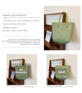 Detailed dimensions of green straw tote bag compared with A4 magazine and iPad