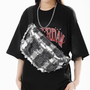 Large Capacity Canvas Checkerboard Chest Bag Women Distressed Frayed Edge Waist Bag Streetwear Casual Crossbody Bag