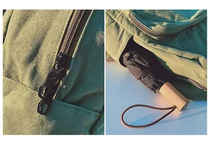 Dettaglio dello zaino in tela verde militare con anelli opachi e ombrello con manico in legno