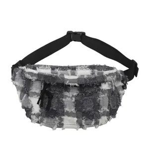 Minimalist canvas plaid waist bag with distressed frayed texture and adjustable strap