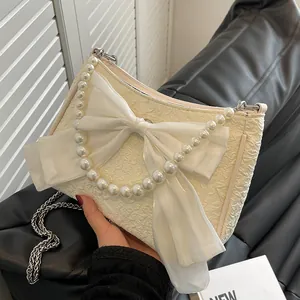 Borsa Sottobraccio Donna Vintage Francese Con Fiocco Decorazione di Künstliche Perle Tracolla a Catena in Metallo Tessuto Jacquard Elegante Festa