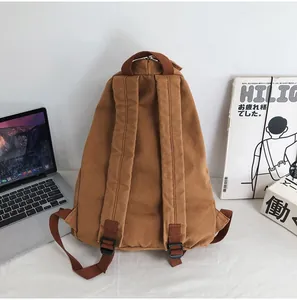 Vista trasera de mochila de lona marrón con correas ajustables y textura resistente