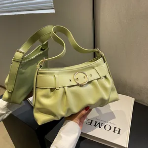 Borsa Sottobraccio Increspata da Donna in Similpelle Pieghettata con Fibbia Circolare Dorata Borsa a Mano Hobo alla Moda