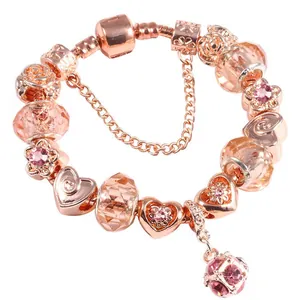 Luxe Roségoud Kralen Charm Armband Voor Vrouwen Hart Bloem Roze Kristal Slangenbot Ketting Met Veiligheidsketting Sieraden Cadeau