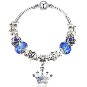 Europäisches Charm Armband Damen Versilbert Legierung Blau Kristall Zirkonia Krone Herz Mom Anhänger Schlangenkette DIY Schmuck Geschenk