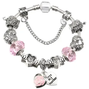 Silver snake chain bracelet with pink crystal beads and heart-shaped Mom charm pendants