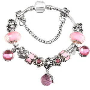 Bracelet à perles rose DIY avec chaîne serpent argentée et pendentif Forever Friends