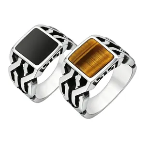 Vintage Men Titanium Steel Signet Ring Retro Punk Style With Green Black Stone And Tiger Eye Square Inlay Fashion Jewelry