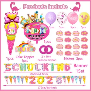 Schulanfang party kit with dinosaur balloons, banners, and colorful school stickers